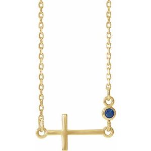 14K Yellow Gold Lab-Grown Blue Sapphire Sideways Cross 16-18" Necklace