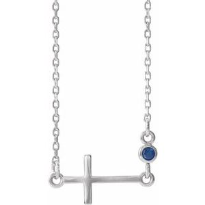 Sterling Silver Natural Blue Sapphire Sideways Cross 16-18" Necklace
