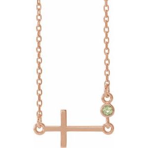 14K Rose Gold Natural Peridot Sideways Cross 16-18" Necklace