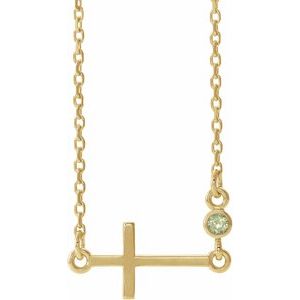 14K Yellow Gold Natural Peridot Sideways Cross 16-18" Necklace