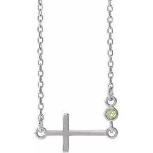 14K White Gold Natural Peridot Sideways Cross 16-18" Necklace