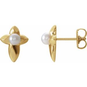 14K Yellow Gold Cultured White Freshwater Pearl Cross Earrings