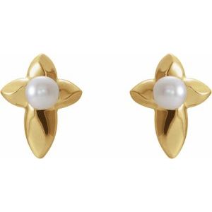 Sterling Silver Cultured White Freshwater Pearl Cross Earrings