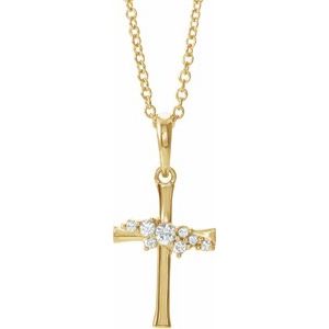 14K Yellow Gold .06 CTW Natural Diamond Cluster Cross 16-18" Necklace