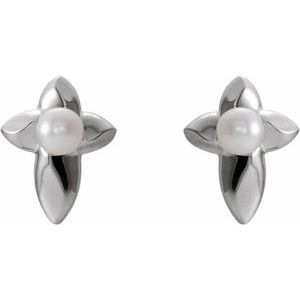 14K White Gold Cultured White Freshwater Pearl Cross Earrings