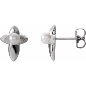 14K White Gold Cultured White Freshwater Pearl Cross Earrings