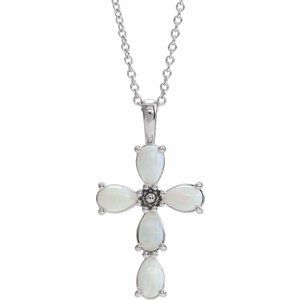 Sterling Silver Natural White Opal Cabochon Cross 16-18" Necklace