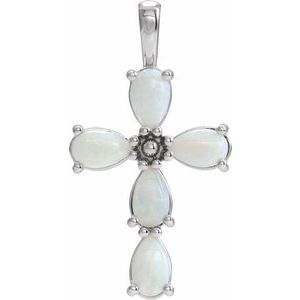 14K White Gold Natural White Opal Cabochon Cross Pendant