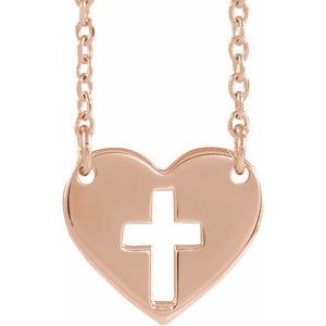 14K Rose Gold Pierced Cross Heart 16-18" Necklace