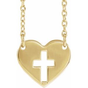14K Yellow Gold Pierced Cross Heart 16-18" Necklace