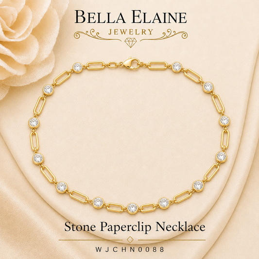 Stone Paperclip Necklace in 18K Gold PVD Stainless Steel – Bella Elaine Jewelry
