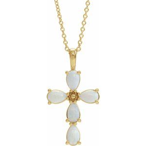 14K Yellow Gold Natural White Opal Cabochon Cross 16-18" Necklace