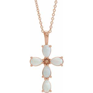 14K Rose Gold Natural White Opal Cabochon Cross 16-18" Necklace