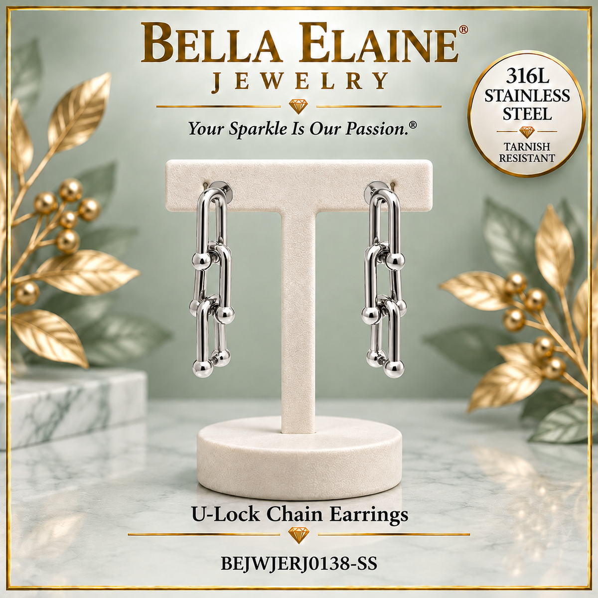 U-Lock Chain Earrings - 316L Stainless Steel Earrings - Bella Elaine Jewelry