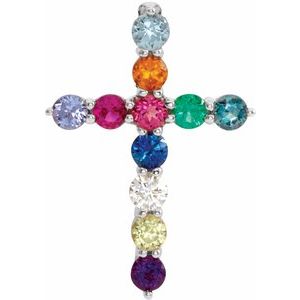 14K White Gold Natural Multi-Gemstone & .03 CT Natural Diamond Cross 16-18" Necklace