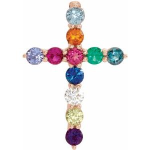 14K Rose Gold Natural Multi-Gemstone & .03 CT Natural Diamond Cross 16-18" Necklace