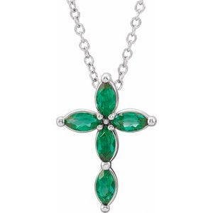 14K White Gold Lab-Grown Emerald Cross 16-18" Necklace