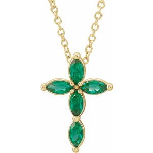 14K Yellow Gold Lab-Grown Emerald Cross 16-18" Necklace