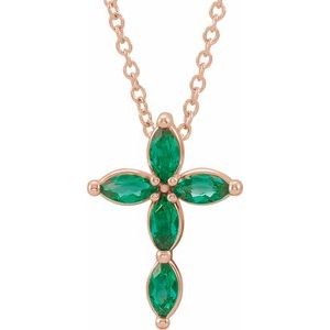 14K Rose Gold Natural Emerald Cross 16-18" Necklace