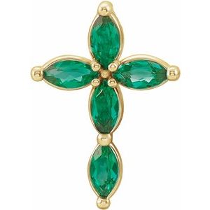 14K Yellow Gold Lab-Grown Emerald Cross Pendant