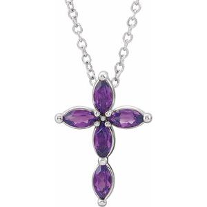 Platinum Natural Amethyst Cross 16-18" Necklace