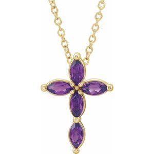 14K Yellow Gold Natural Amethyst Cross 16-18" Necklace