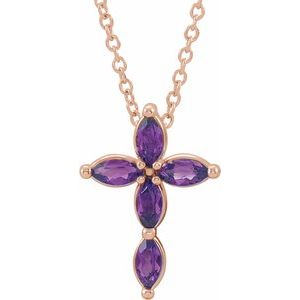 14K Rose Gold Natural Amethyst Cross 16-18" Necklace