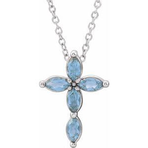 Platinum Natural Aquamarine Cross 16-18" Necklace