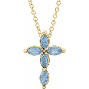 14K Yellow Gold Natural Aquamarine Cross 16-18" Necklace