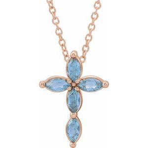 14K Rose Gold Natural Aquamarine Cross 16-18" Necklace
