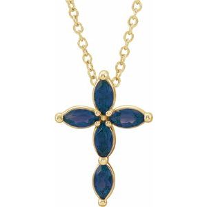 14K Yellow Gold Natural Blue Sapphire Cross 16-18" Necklace