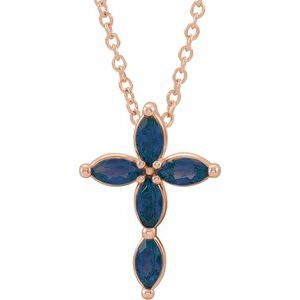 14K Rose Gold Natural Blue Sapphire Cross 16-18" Necklace