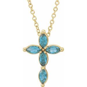 14K Yellow Gold Natural Blue Zircon Cross 16-18" Necklace