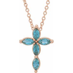 14K Rose Gold Natural Blue Zircon Cross 16-18" Necklace