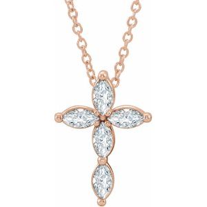 14K Rose Gold Natural White Sapphire Cross 16-18" Necklace