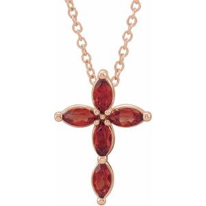 14K Rose Gold Natural Mozambique Garnet Cross 16-18" Necklace