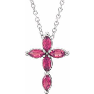 Sterling Silver Natural Pink Tourmaline Cross 16-18" Necklace