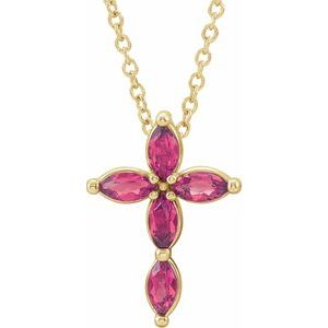14K Yellow Gold Natural Pink Tourmaline Cross 16-18" Necklace