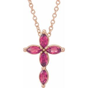 14K Rose Gold Natural Pink Tourmaline Cross 16-18" Necklace