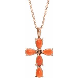 14K Rose Gold Natural Pink Coral Cabochon Cross 16-18" Necklace