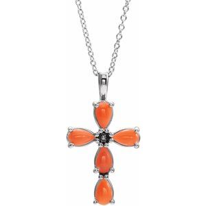 Sterling Silver Natural Pink Coral Cabochon Cross 16-18" Necklace