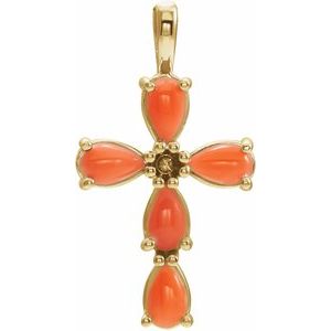 14K Yellow Gold Natural Pink Coral Cabochon Cross Pendant