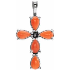 14K White Gold Natural Pink Coral Cabochon Cross Pendant