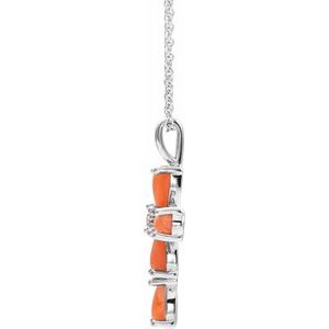 Platinum Natural Pink Coral Cabochon Cross 16-18" Necklace