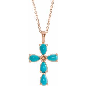 14K Rose Gold Natural Turquoise Cabochon Cross 16-18" Necklace