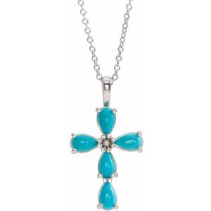 Platinum Natural Turquoise Cabochon Cross 16-18" Necklace