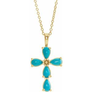 14K Yellow Gold Natural Turquoise Cabochon Cross 16-18" Necklace