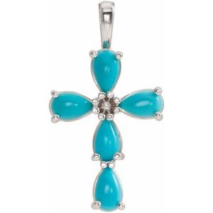 14K White Gold Natural Turquoise Cabochon Cross Pendant