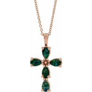 14K Rose Gold Lab-Grown Mosaic Opal Cabochon Cross 16-18" Necklace