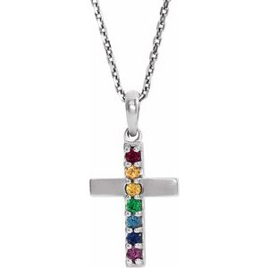 Platinum Natural Multi-Gemstone Cross 16-18" Necklace